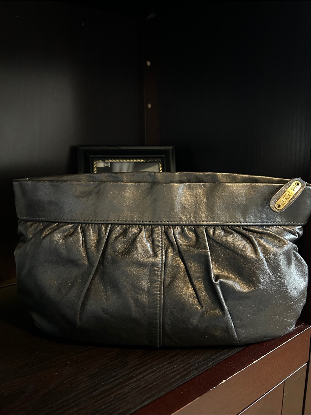 Women Black Leather Bill Dorf Clutch Bag with Gold Accent